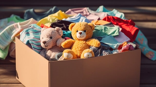 クマのぬいぐるみや、子供の服がたくさん入れられた段ボール箱